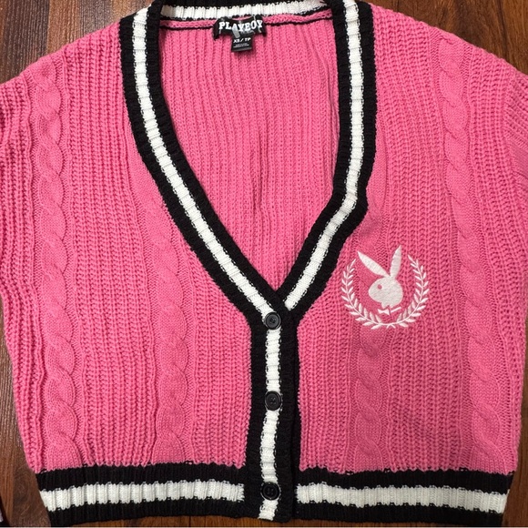 Playboy Cropped Cable Knit Varsity Cardigan Pink XS Y2K - Picture 3 of 6